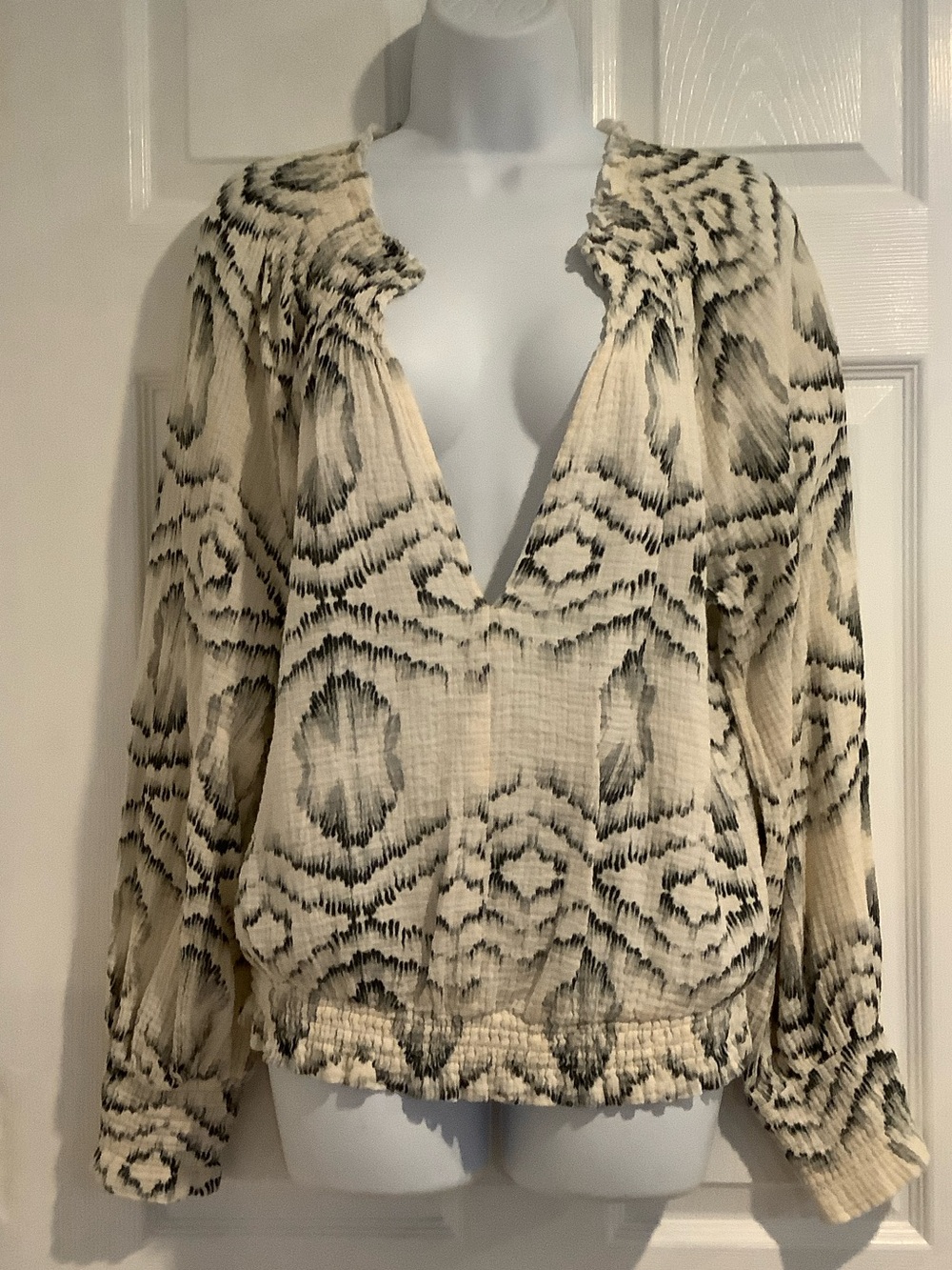 PORRIDGE ANTHROPOLOGIE 100% Cotton White/Navy Bohemian Crinkled Oversized Top S